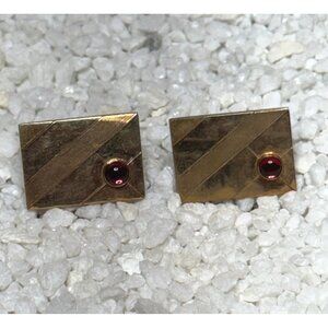 Vintage Gold-Tone Rectangular Cufflinks with Red Stone